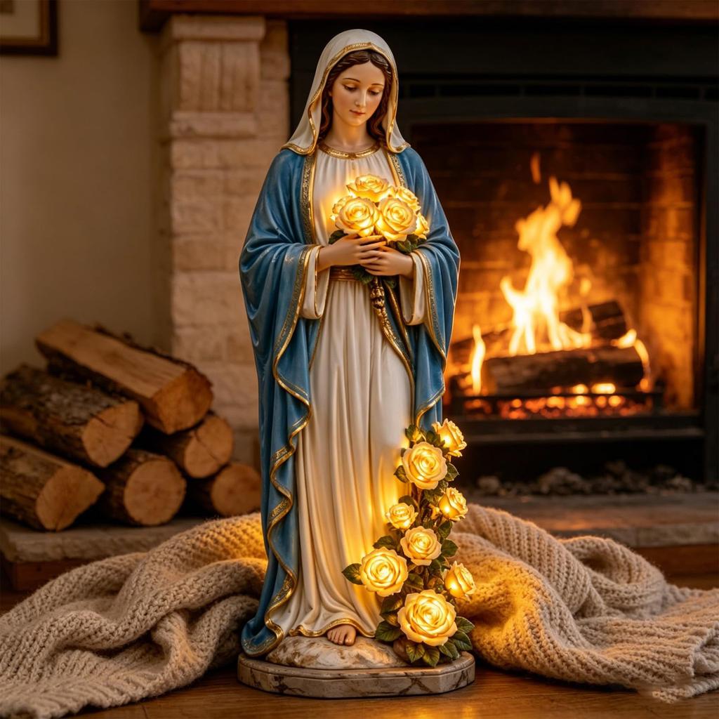 Resin Figurine Lamp with Glowing Roses Figurine Outdoor Light Garden Decor Figurine Lights Catholic Christian Religious Gift