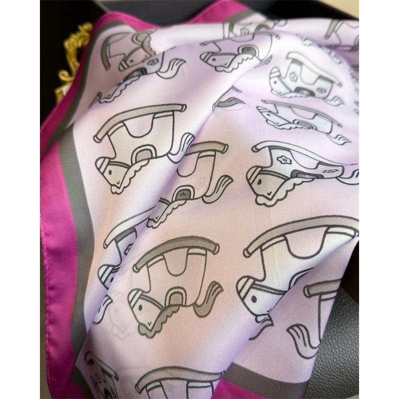 Korean Style Cute Trojan Printed Silk Feel Square Scarf For Women