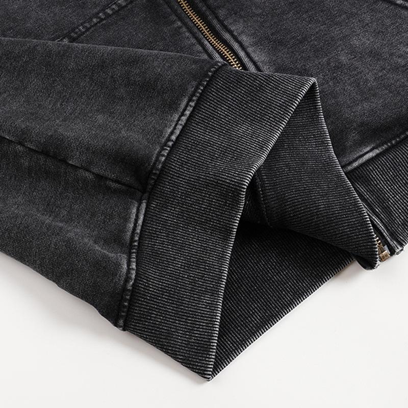 Oversized 350g Cotton Distressed Zip-Up Hoodie - Large, Drop Shoulder, Retro Washed Terry Cardigan