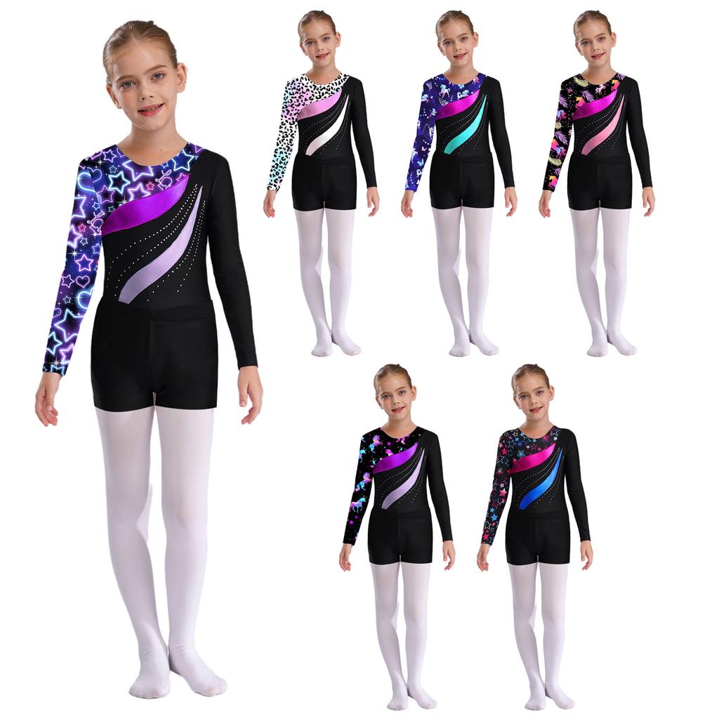 Girls Long Sleeve Round Neck Rhinestones Printed Patchwork Leotard V Front Waistband Shorts Dance Set