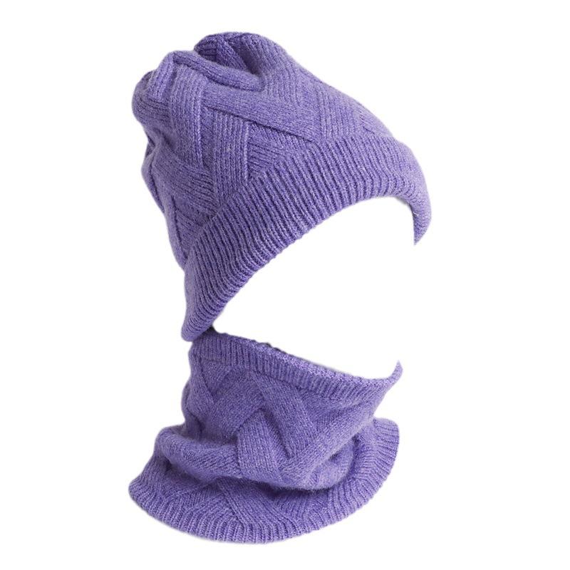 Solid color simple velvet thickened autumn and winter scarf scarf women's two-piece set warm knitted pullover hat windproof brimless hat