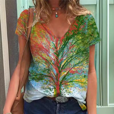 Summer Women's Clothing Source Floral 3D Printed Women's Short Sleeved V-neck Loose T-shirt