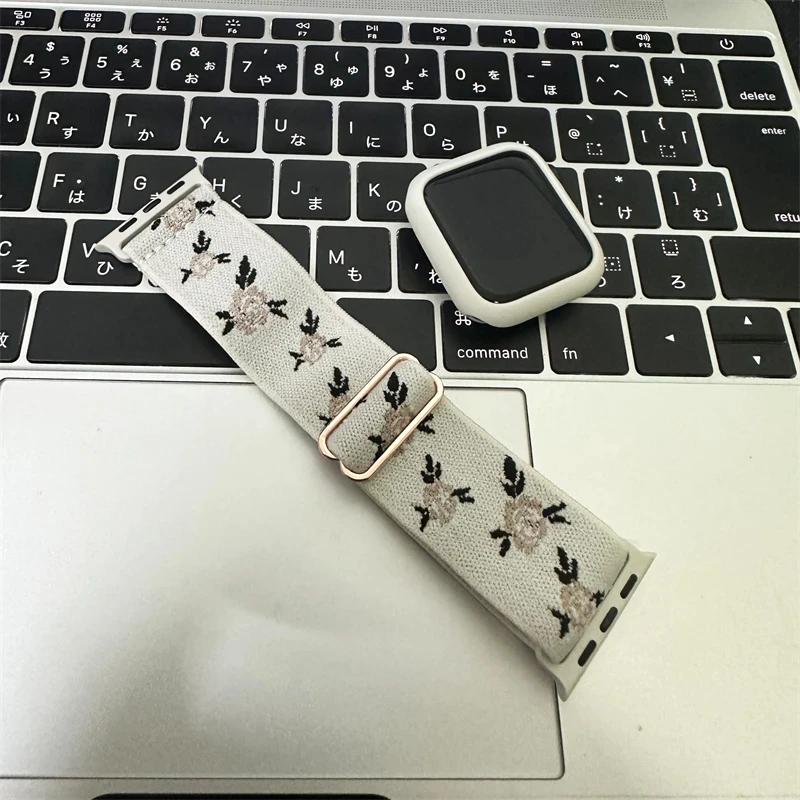 Retro Flower Strap+Case For Apple Watch Band 49mm 40 44 45 41 38 42mm Elastic Nylon Band For iWatch Serie 3 4 5 6 SE 7 8 9 Ultra