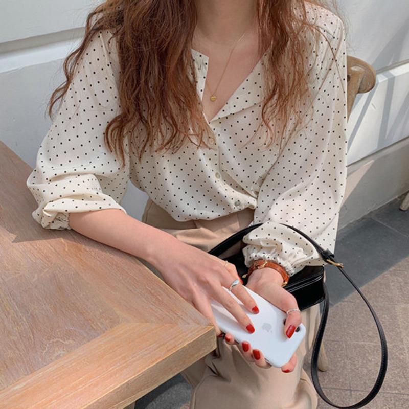 

Винтажная шифоновая рубашка с принтом в горошек, женские топы, повседневная свободная блузка с рукавами-фонариками для женщин, модные милые элегантные женские рубашки на пуговицах 24507 2XL абрикосовый