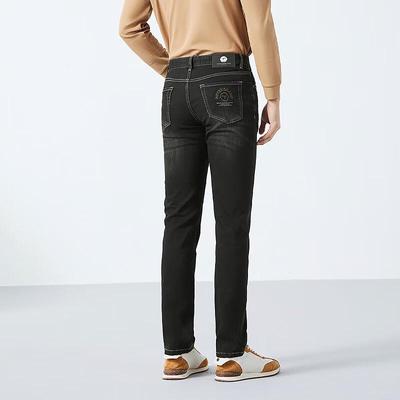 Qipai Men's Mid-Rise Straight Fit Washed Knit-Look Denim Jeans