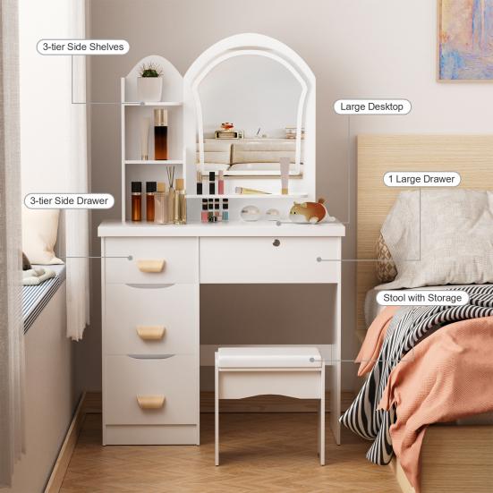 Makeup Vanity Desk with LED Lighted Mirror, Vanity Table with 4 Drawers and Opening Shelves, Bedroom Dressing Table with Stool