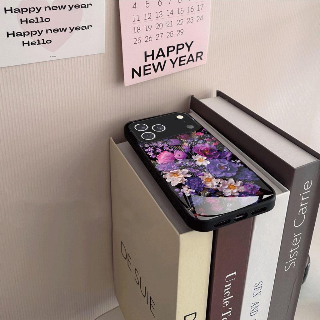 Shockproof Cover for iPhone 17 ProMax Pro Vintage Oil Painting Purple Floral Phone Case, Glossy Acrylic Back TPU Bumper