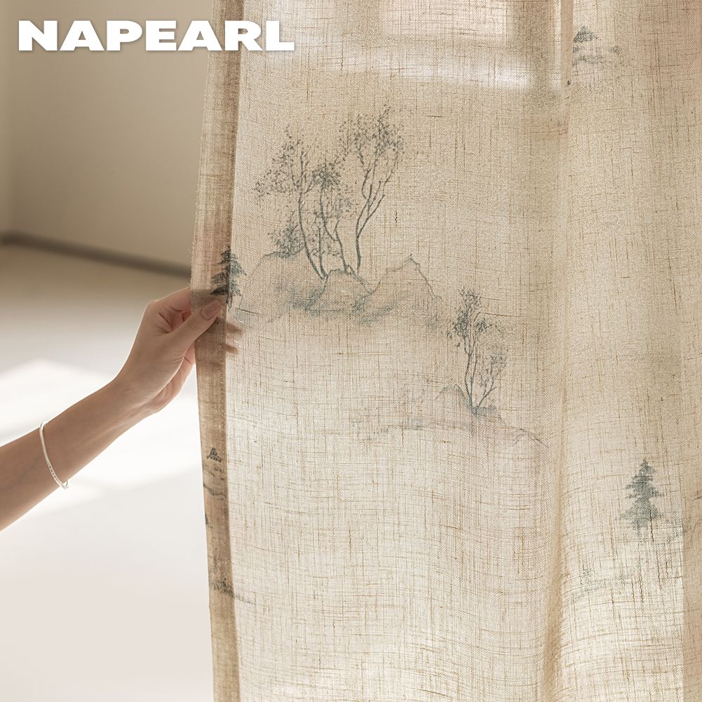 1PC NAPEARL New Chinese Ink Painting Printed Sheer Curtain Imitation Linen Tulle for Living Room Bedroom Balcony Window Home Decor