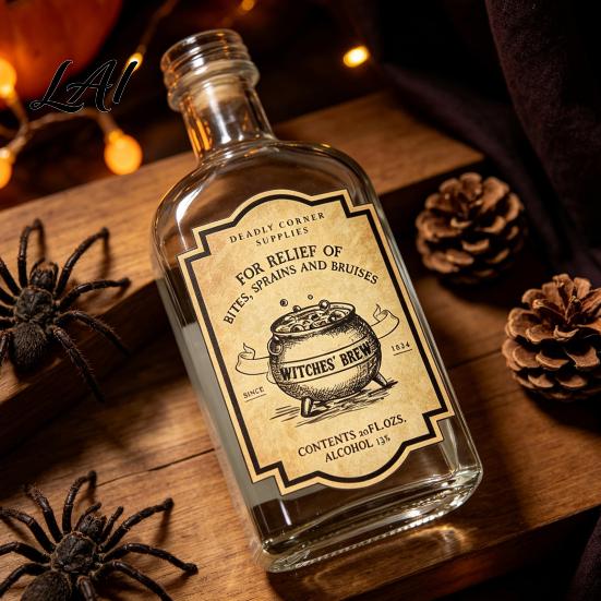 Self Adhesive Bottle Decals 12Pcs Halloween Wine Labels Vintage Retro Stickers with Witch Skull Nostalgic Paper Wraps Bat Pumpkin Design