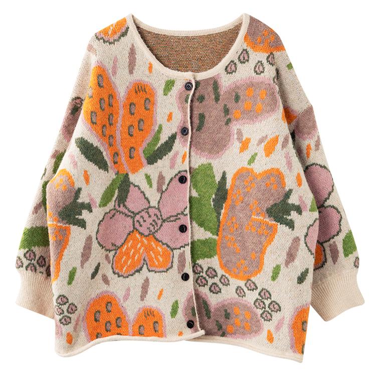 DIMANAF 2025 Flower Sweaters Cardigan Autumn Women Print O-Neck Sweaters Knitting Loose Orange Sweater