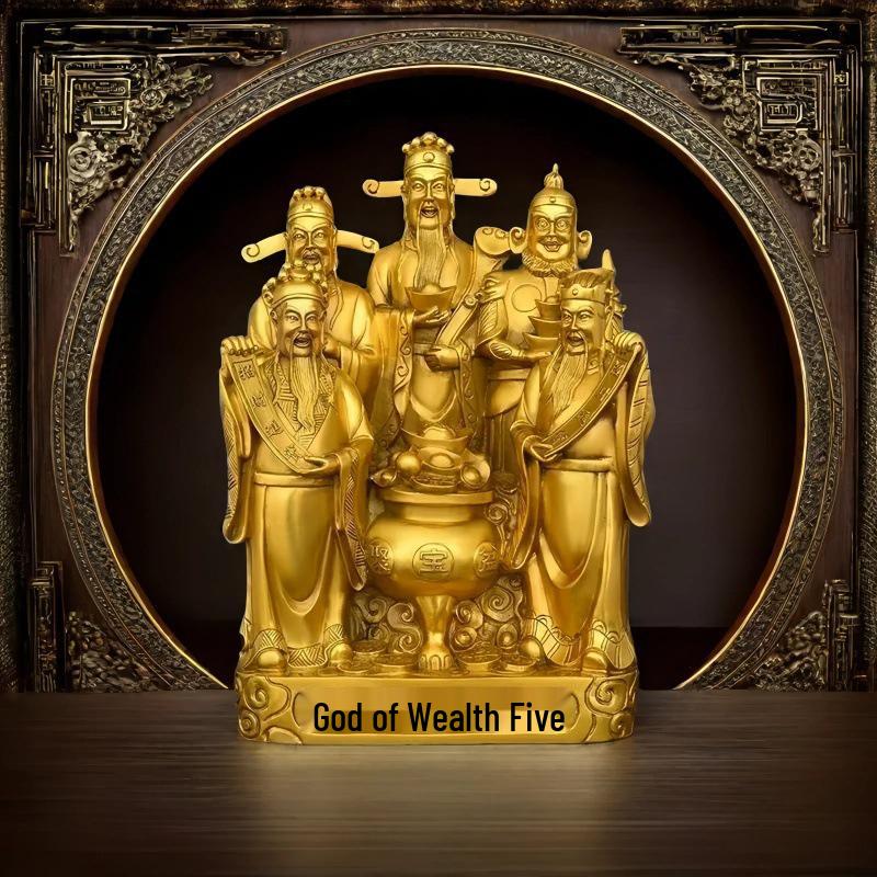 Large Bronze Five Gods of Wealth Figurine for Home or Office Worship
