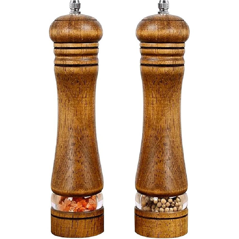 2 Pack Salt and Pepper Grinder Set, 6.7" Acrylic Salt and Pepper Mill Set with Adjustable Coarseness, Wooden Pepper Grinders Manual Slat Shakers