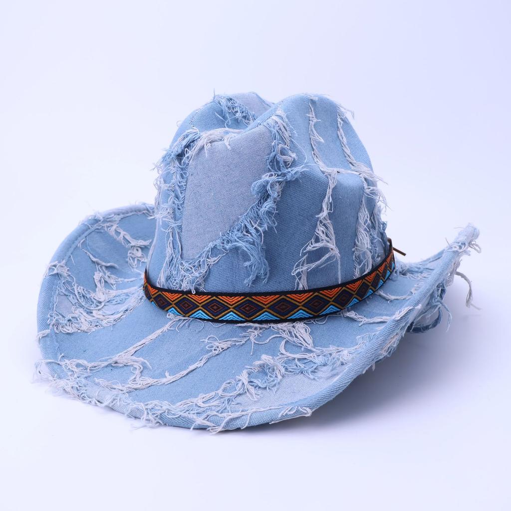 Denim One-Word Top Top Top Hat Jazz Hat Ripped Retro Western Cowboy Hat