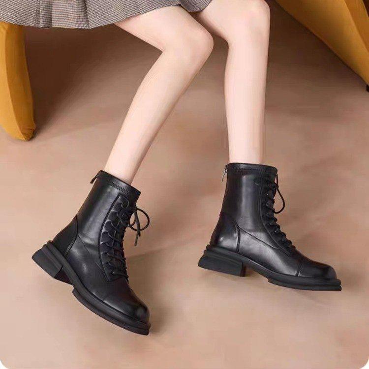 Fashion flat-soled soft-soled boots for women's autumn and winter new fashion British style versatile elastic thin boots retro Martin boots for women