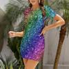 Glitzer Regenbogen Einhorn Muster Kurzarm Kleid elegantes Abendkleid für Damen 2025 Strandkleid Kleid
