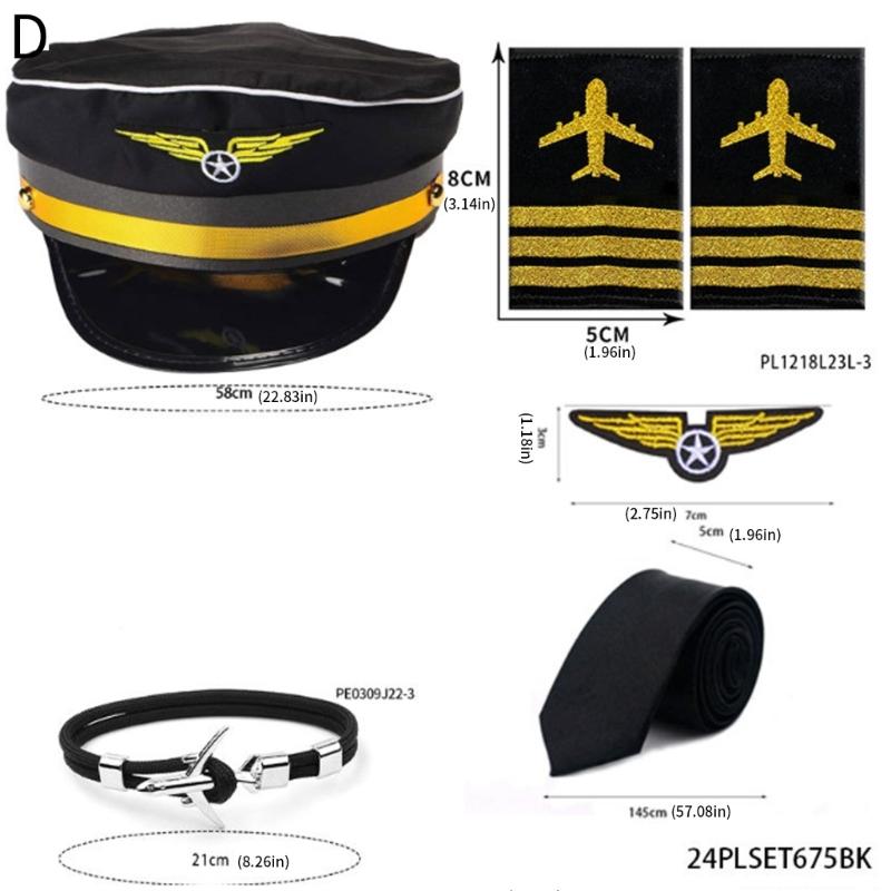 Flight Captain Outfits Captain Hat Uniform Epaulettes Neck Tie Halloween Stewardess Costume Flight Attendant Cosplay Set