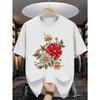 Womens White Short Sleeve T Shirt with Floral Dahlia Print Casual Loose Fit Summer Top Streetwear Fashion Pure Cotton Shirt Crew Neck