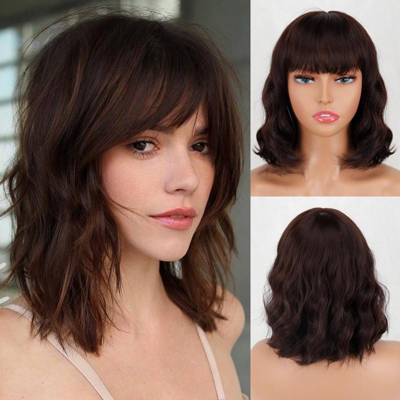 MERISIHAIR Women Short Bob Natural Wavy Pink Wig with Bangs Synthetic Fiber Short Water Wave Wig Daily Wear Cosplay