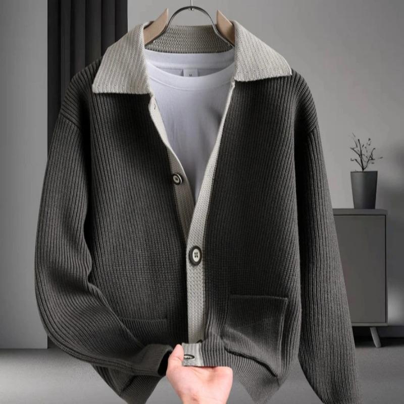 Fashion Contrasting Color Lapel Knitted Cardigan Coat Autumn Winter Handsome Sweater Jacket Men's