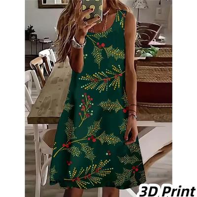 Casual Women Tank Dress Summer Sleeveless O-Neck 3D Print Loose A-Line Dress Beach Vest Dress