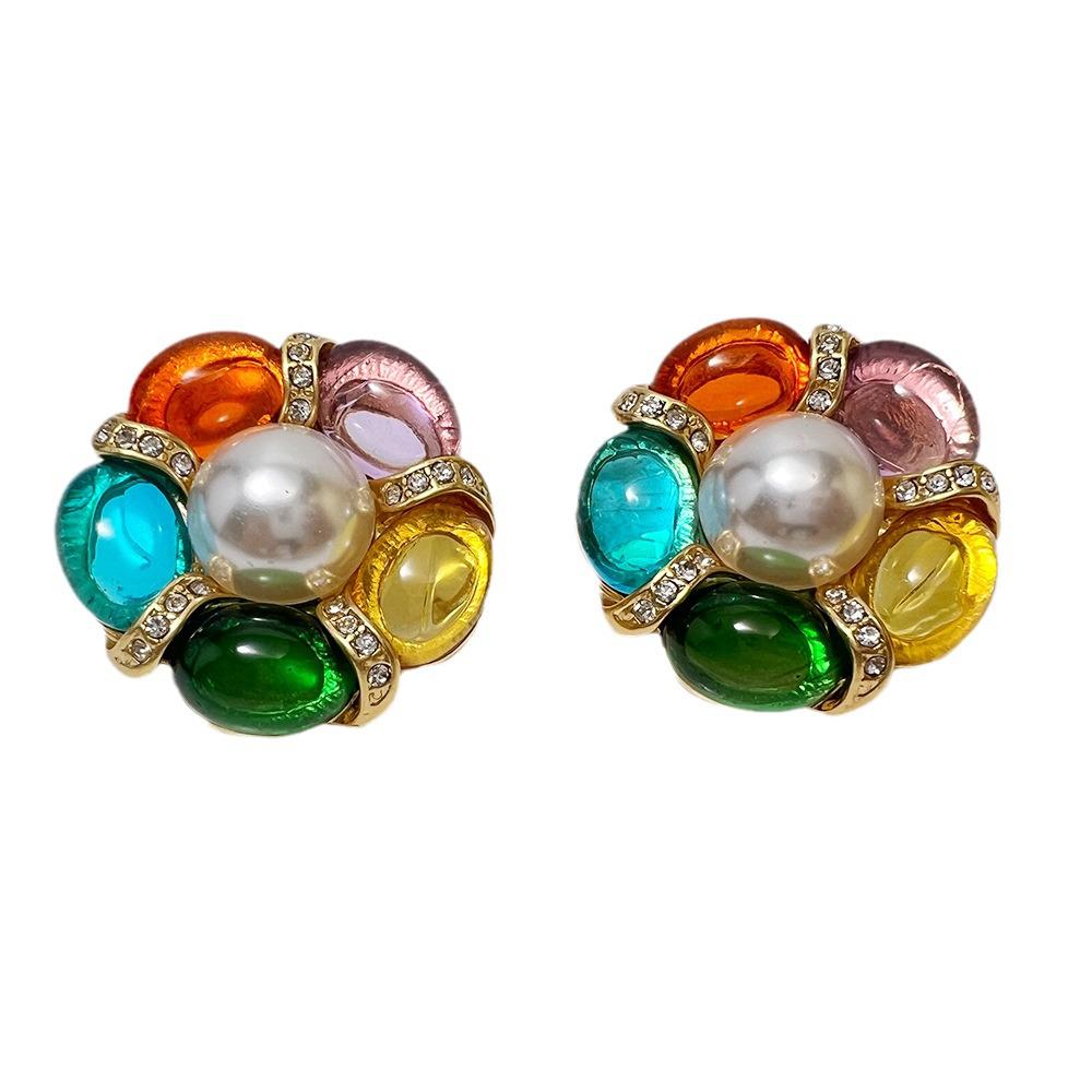 Originale Retro 18K Gold Mehrfarbiges Glas Mittelalterlicher Stil Nicht-Piercing Ohrclips