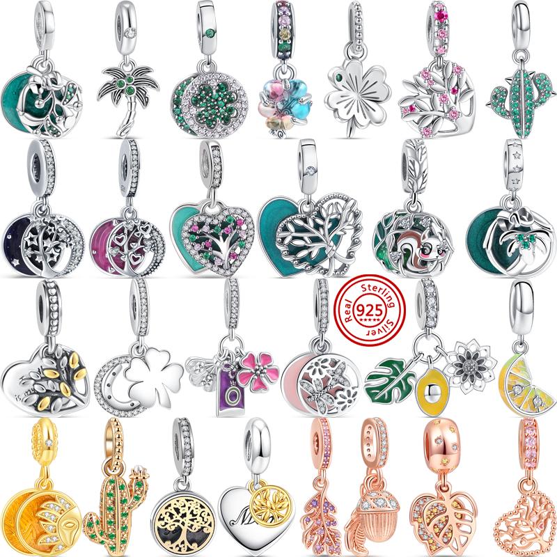 

S925 серебристо-зеленый лесной кактус вишневое дерево листья четырехлистный клевер кулон «сделай сам» из бисера подходят оригинальные подвески-браслет ювелирные изделия