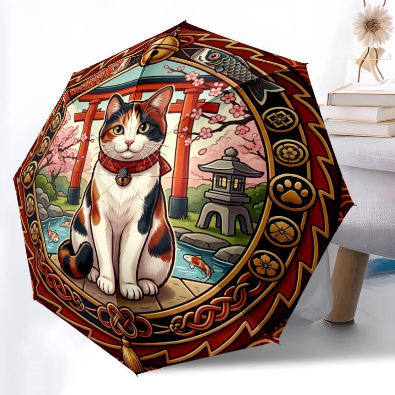 Japanese Cat Shrine pattern umbrella, portable and foldable design, 8 ribs, a casual accessory for Halloween, Christmas, and birthday gifts. разноцветный