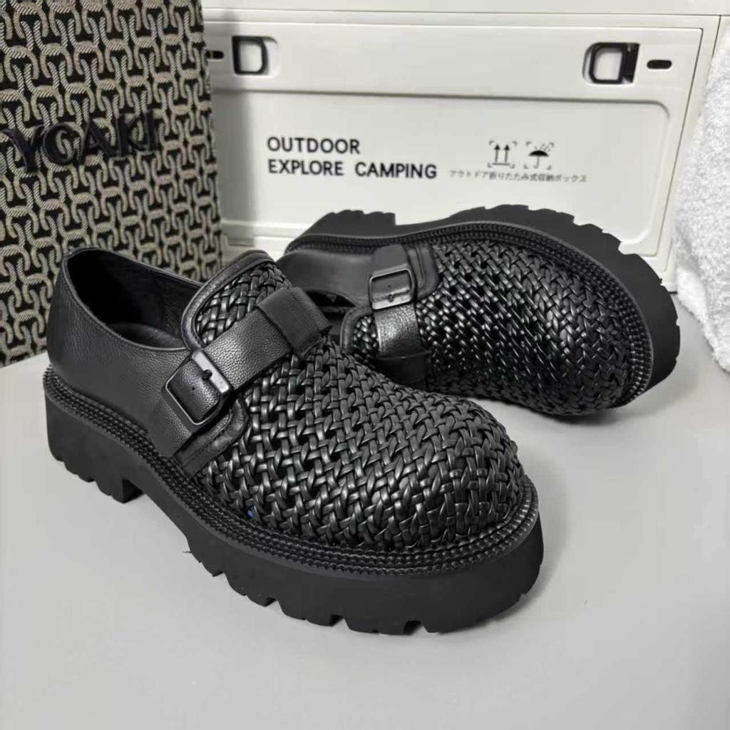 Premium commuter thick-soled trendy shoes hand-woven one-pedal hollowed-out breathable business casual height-increasing leather shoes men