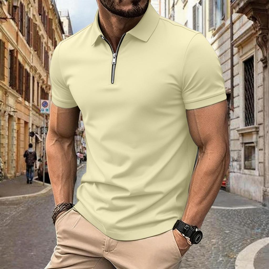 Herren Sommer Kurzarm Poloshirt mit Reißverschluss vorne Lässig Umlegekragen Leicht Atmungsaktives Oberteil