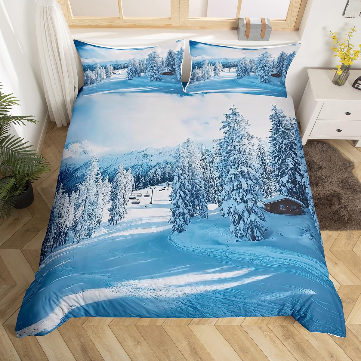 

Skiing Duvet Cover,Winter White Snowflake Skier Bedding Sets For Kids Teens Adults,Patchwork Blue Plaid Sports Theme Quilt Cover EU King(240x220cm)
