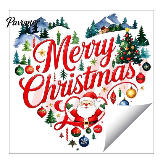 Easy Apply Window Clings Merry Christmas Cling, Heart Shaped Sticker with Santa Claus Xmas Festive Home Decoration Tree Balls, Winter Holiday