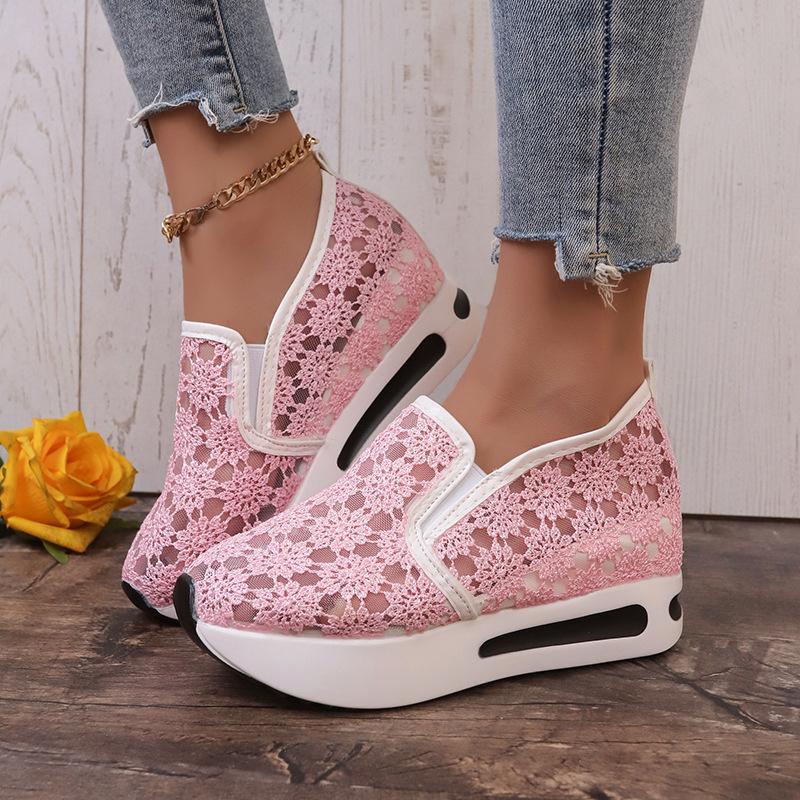 2025 Summer Women's Shoes New Design Lace Mesh Inner Height Boosting Shoes Casual Set Feet High Heels Women's Single Shoes