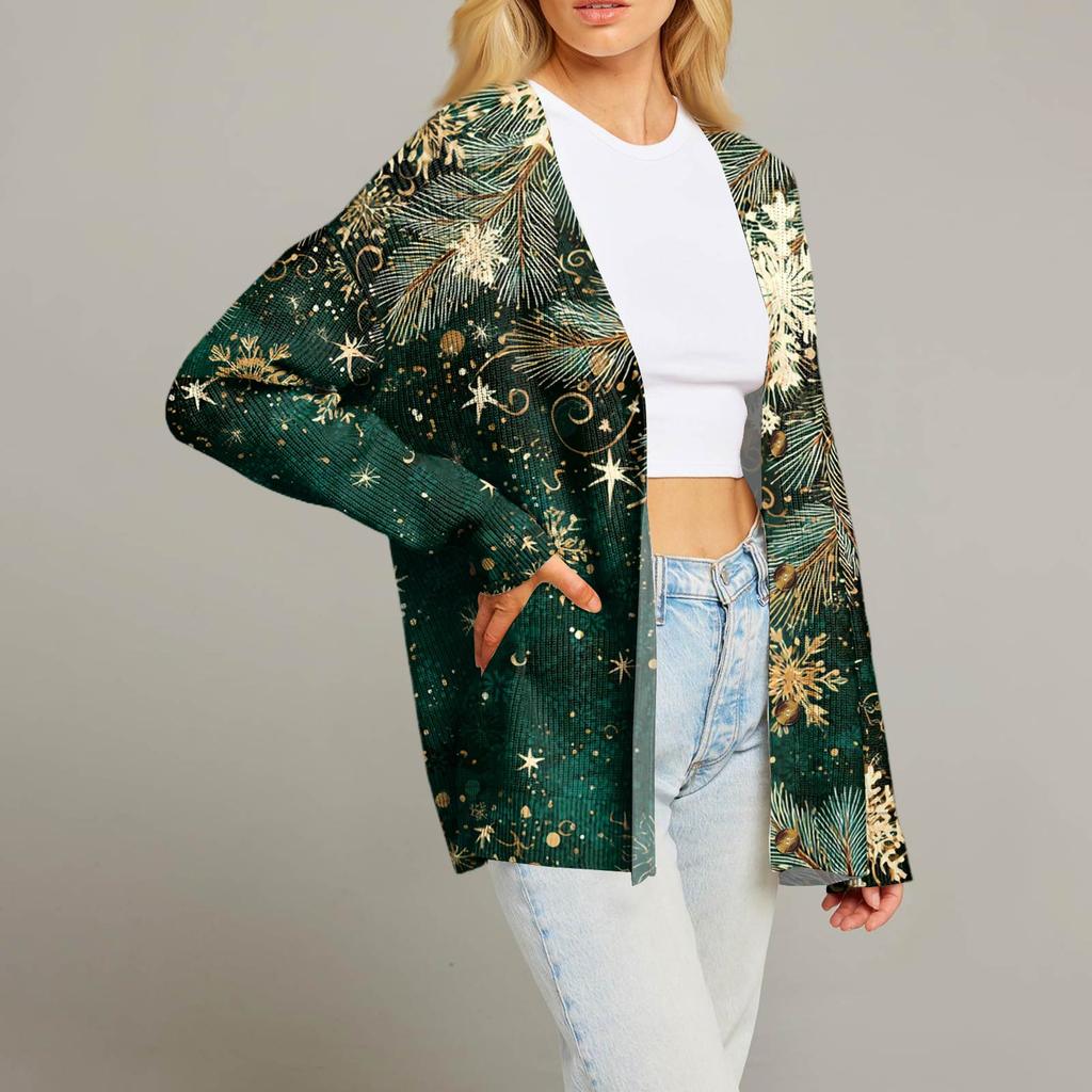 Women's Fashion Long Sleeve Christmas Print V-Neck Button Loose Cardigan Top