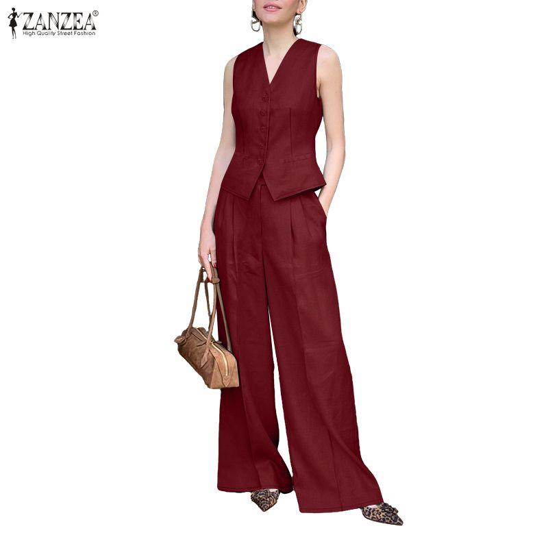 ZANZEA Women Sleeveless Vest Tops and Pants Summer Two Piece Suit Sets