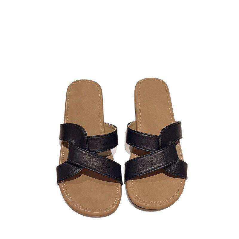 Flat bottom cross one-word slippers female summer wear 2025 new fairy style with skirt cross beach seaside sandals