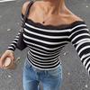 Herbst Neuer Stil Pure Lust Heißes Mädchen Stil Oberteil mit freiliegenden Schultern, Gestreiftes Spitze, Ein-Schulter T-Shirt für Damen