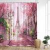 Vintage Paris Tower Shower Curtains Pink Butterfly Balloon Love Heart Floral Valentine'S Day Bathroom Curtain Decor With Hooks