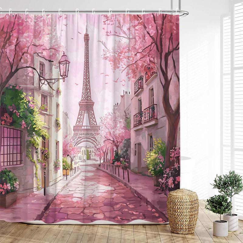 Vintage Paris Tower Shower Curtains Pink Butterfly Balloon Love Heart Floral Valentine'S Day Bathroom Curtain Decor With Hooks
