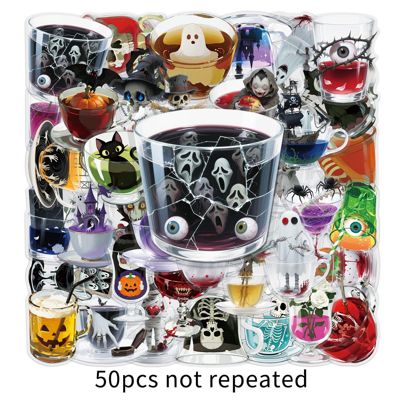 

50 Transparent Horror Teacup Stickers: Waterproof PET Ghost & Skeleton for Halloween Journals