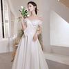 French Light Wedding Dress Simple Satin Door Yarn Mori Travel Photography Bride Wedding Engagement Dress One-word Shoulder Light Wedding Dress
