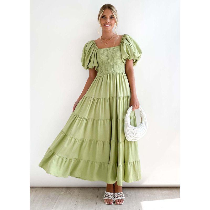 2025 Europe and America Cross Border Spring/Summer New Arrival off-Neck Print Puff Sleeves Silm Mid-Length Tulle Tutu Dress Dress