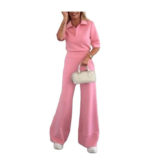 Yousheng 2Pcs/Set Women Casual Shirt Pants Suit Solid Color Spring Summer Turn Down Collar Short Sleeve Top High Waisted Wide Leg Pants Long Trousers