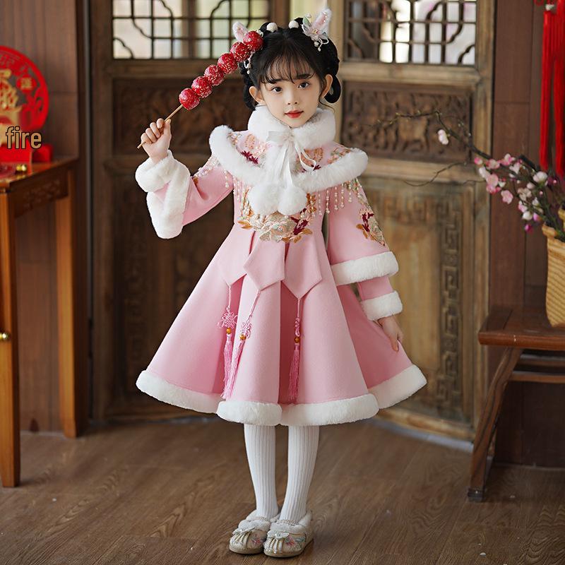 Girls' Velvet-Lined Winter Hanfu Dress - Chinese New Year Festive Outfit
