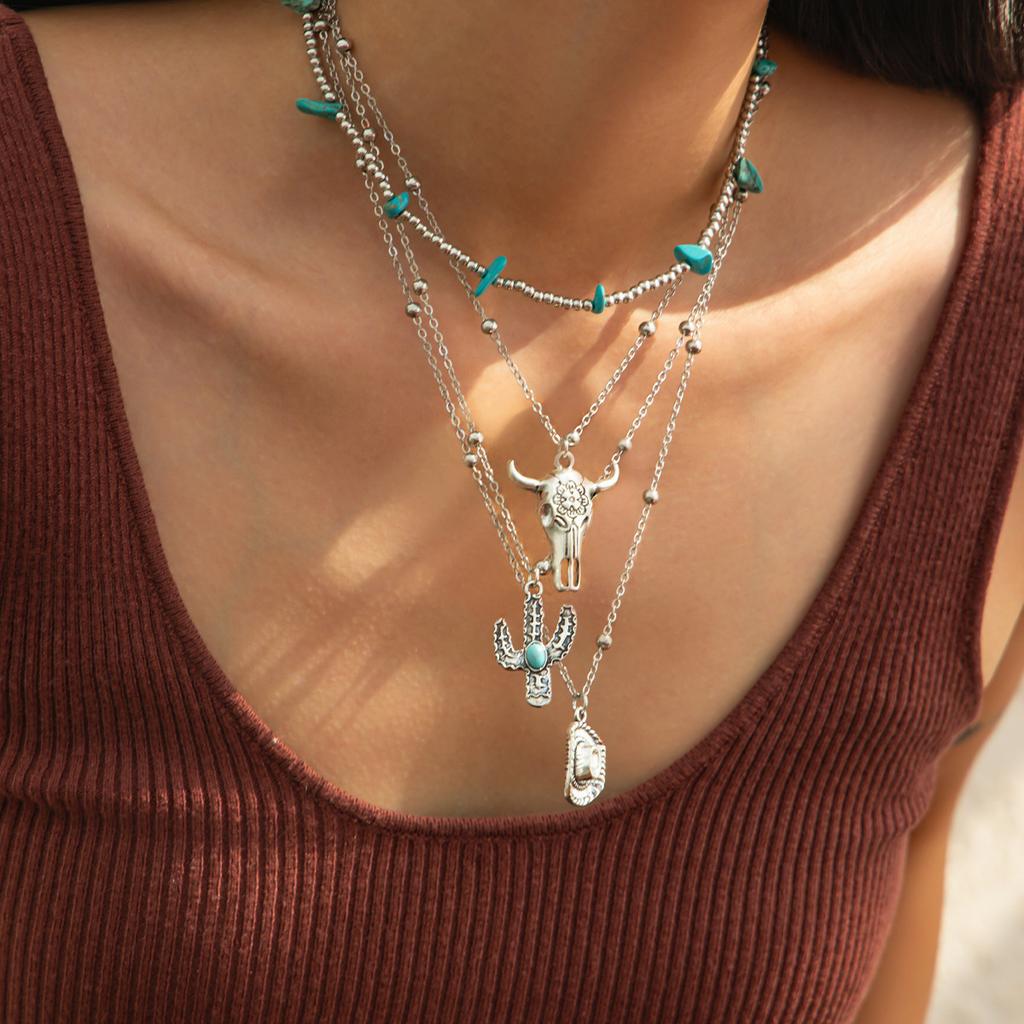 Jewelry Retro Imitation Turquoise Cow Head Collarbone Chain Beaded Necklace Set Ethnic Style Cactus Necklace Decoration