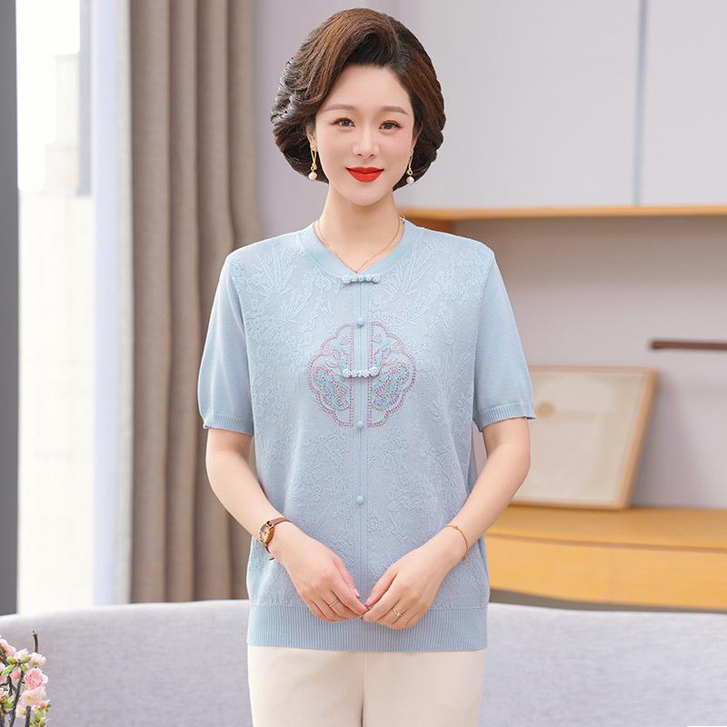 2026 New Chinese Style Ice Silk Short Sleeve Top for Middle-aged and Elderly Women