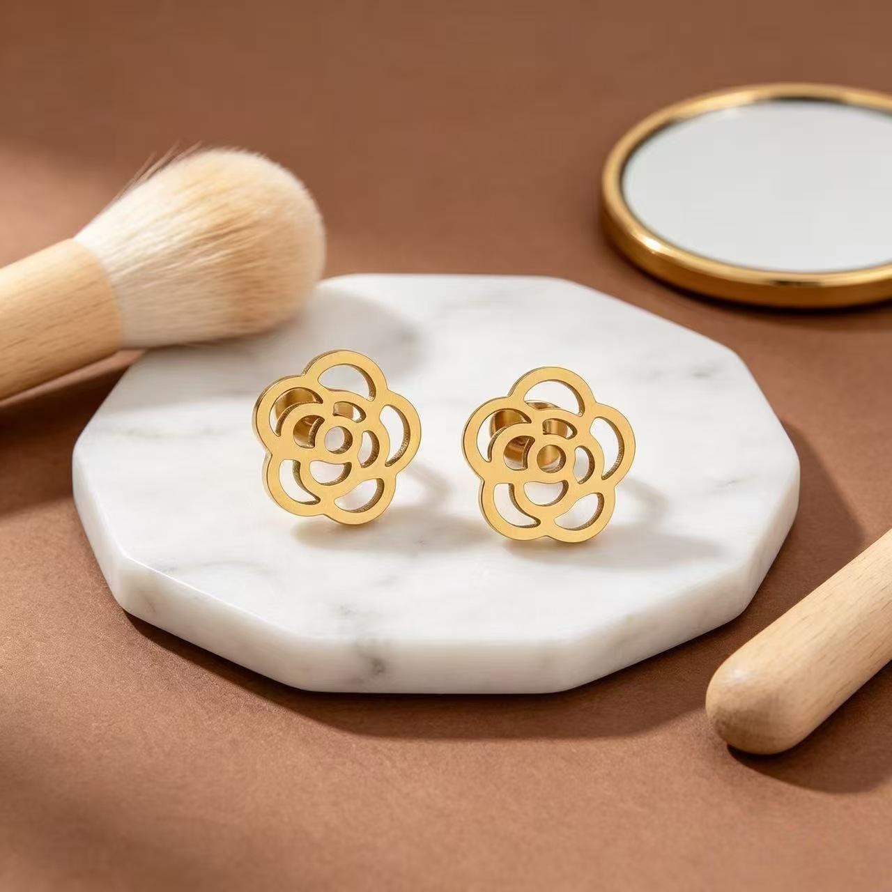 Gold-Plated Stainless Steel Camellia Jewelry Set: Hollow Flower Necklace, Bracelet & Earrings for Women - Light Luxury Accessories 18K Gold Plated