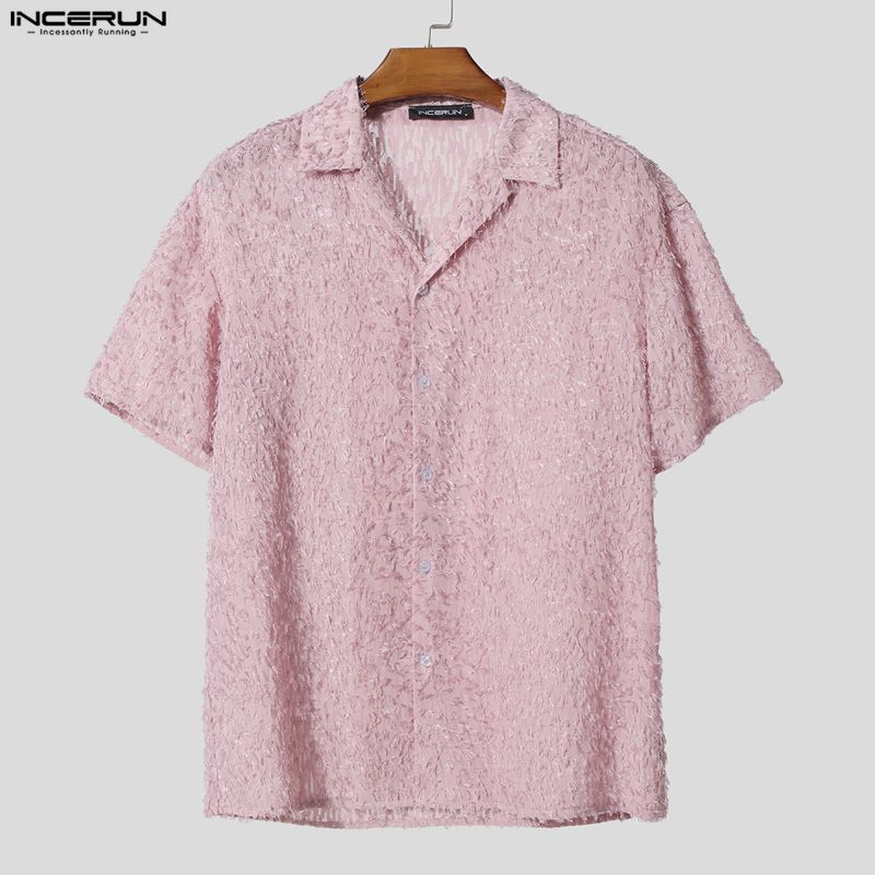 INCERUN Oversized Men Lapel Neck Short Sleeve Tassel Texture Casual Loose Shirts