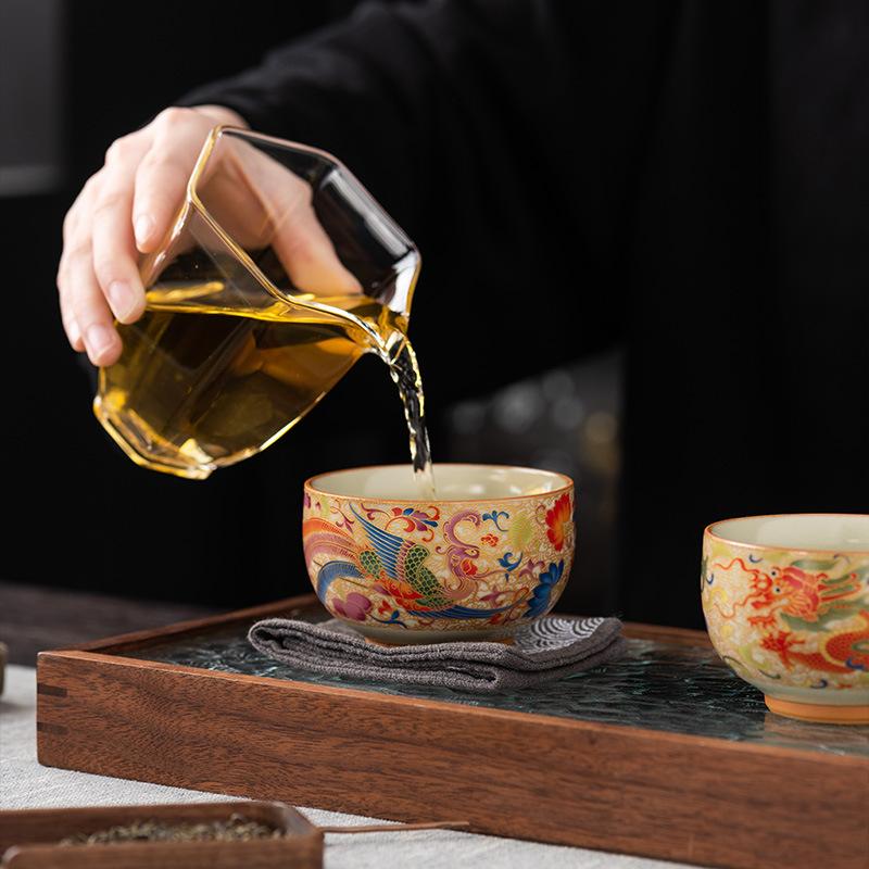 Set de cești Dragon și Phoenix, ceașcă unică cu glazură Ru, ceașcă de ceai de înaltă calitate pentru proprietar, poate hrăni ceștile de ceai, suvenir de lux ușor comemorativ pentru nuntă
