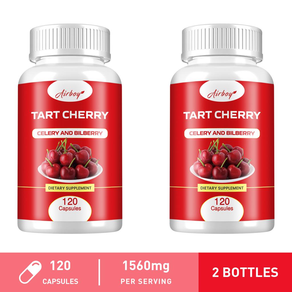 Airboy Organic Tart Cherry Extract Capsules, made with tart cherry concentrate and celery seed, suitable for adults.
