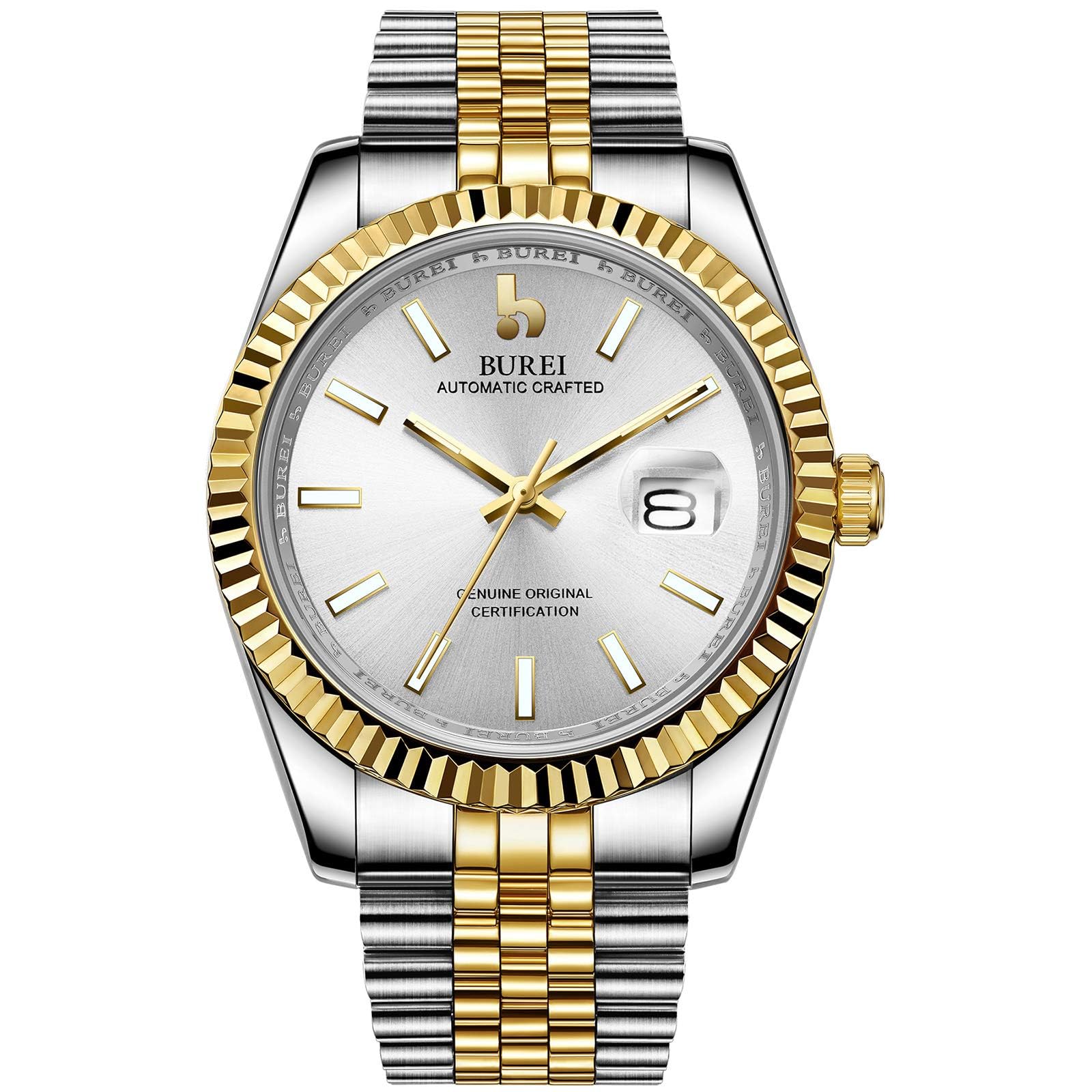 

BUREI Men s Classic Luxury Automatic Watch Stainless Steel Waterproof Double Dial Sapphire Crystal Silver Dial Fashion